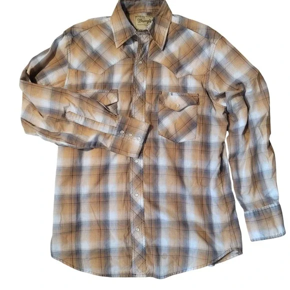 Lot of 2 Wrangler Shirt M Brown Gray Long Sleeve Pearl Snap Plaid Western Cowboy - Picture 2 of 8